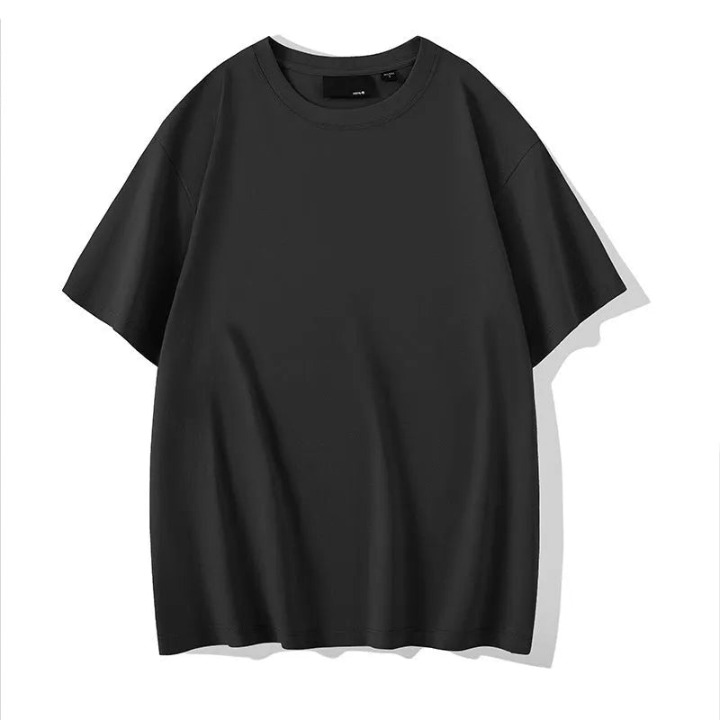Loose fit men's cotton t-shirt with round neck and drop-shoulder sleeves in solid colour