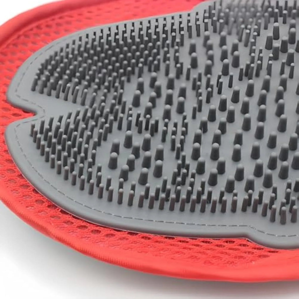 Red pet bathing glove grooming mitt with integrated cleaning brush tool for dog cat washing