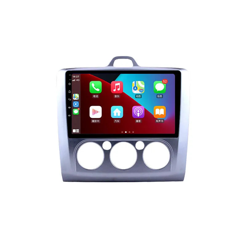 9-inch Android car head unit with touchscreen for Fox vehicles, showing integrated manual air conditioning controls.
