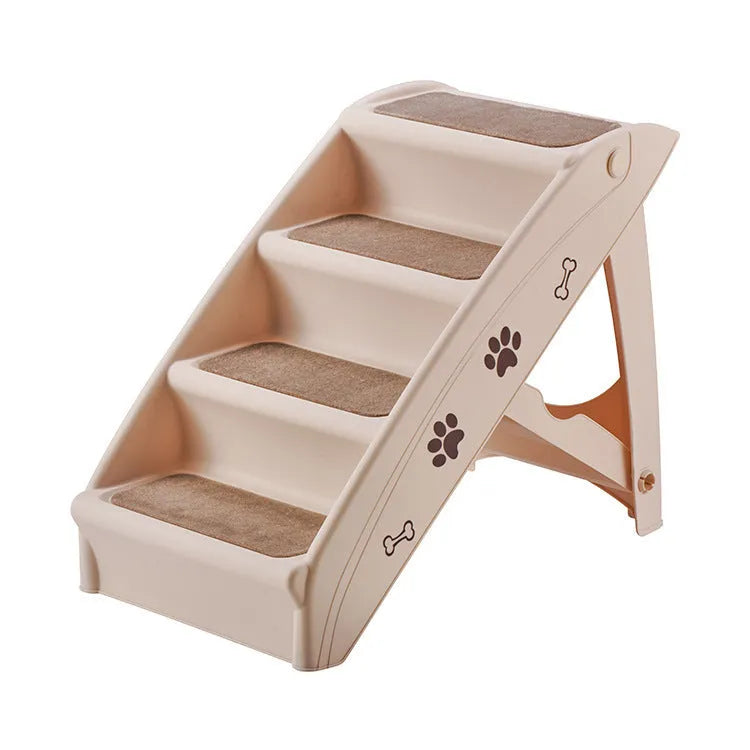 Foldable plastic step ladder for small pets on a home floor next to a sofa.