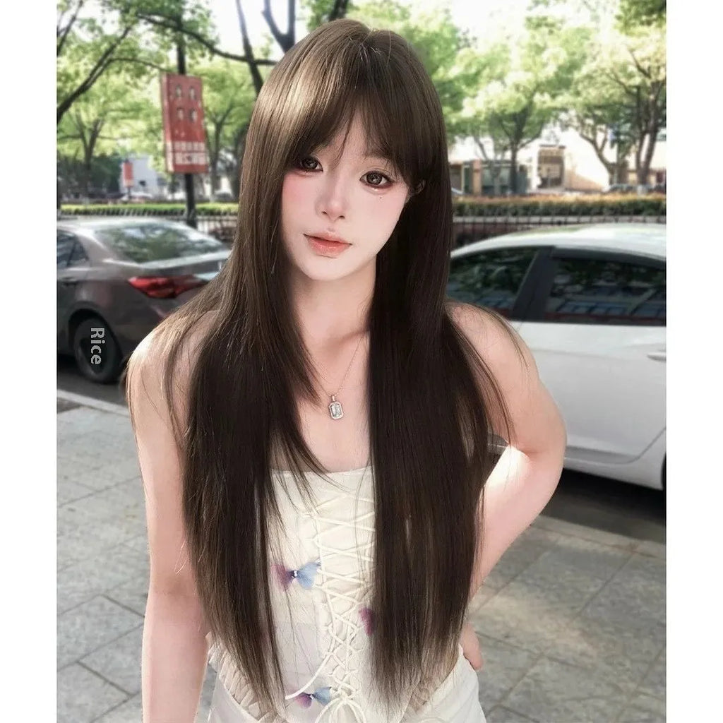 Brown-black high-temperature fibre ladies wig with wear-free hair net on a head cover