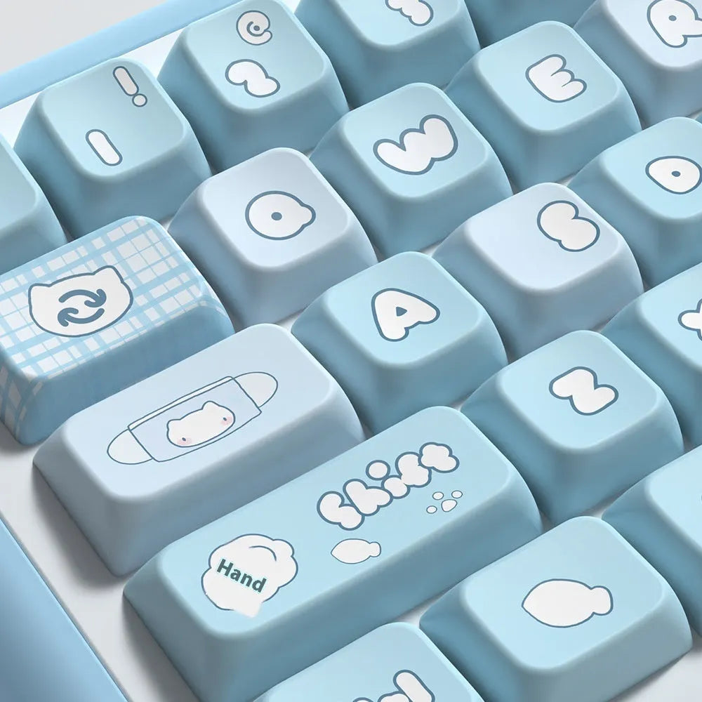 Watercolour kitten design PBT keycap set for mechanical keyboards, showing 138-key and 158-key full kit options.