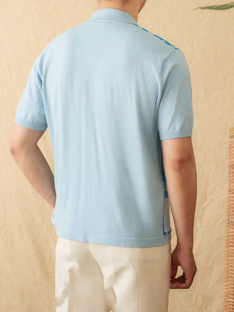 Cotton striped short sleeve knitted cardigan polo shirt on a hanger showing lapel collar.