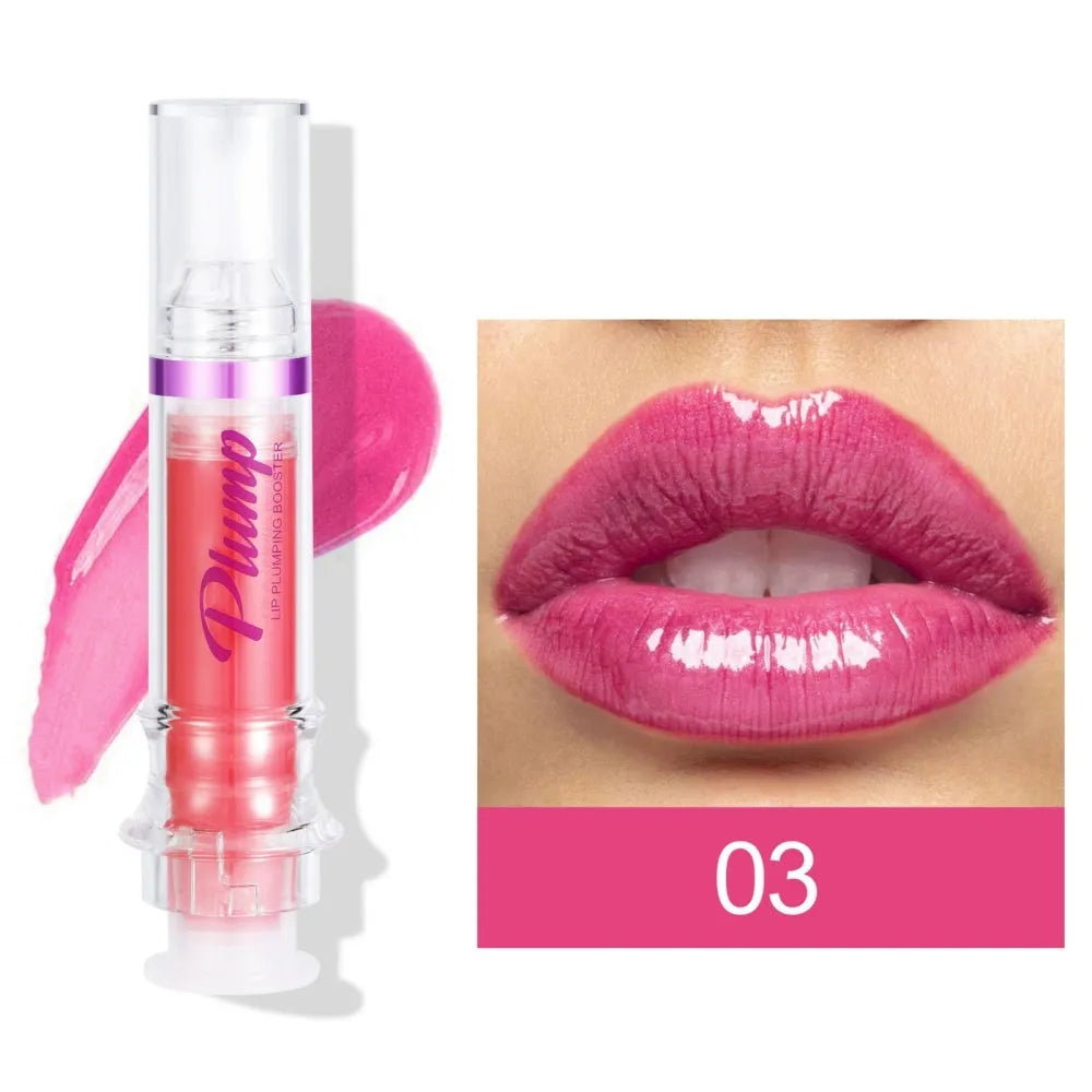 Tube of lip gloss showing shiny finish, available in six different colour shades.