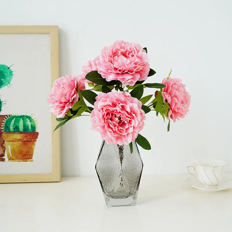 40cm artificial silk peony 5-head bouquet in light champagne colour on white background