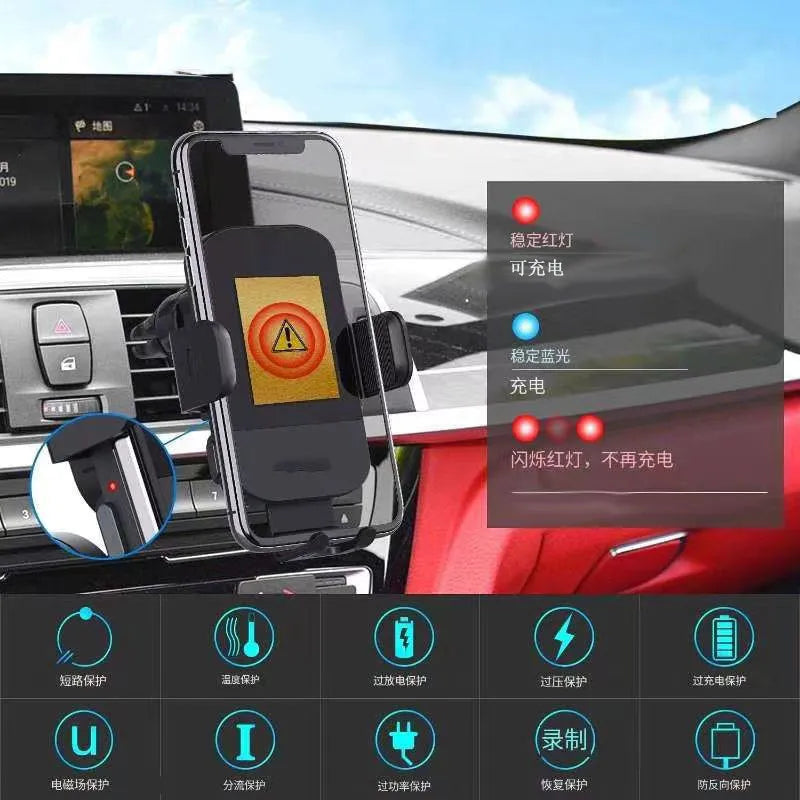 Black bare metal 15W fast wireless car charging stand on a dashboard with air vent clip.
