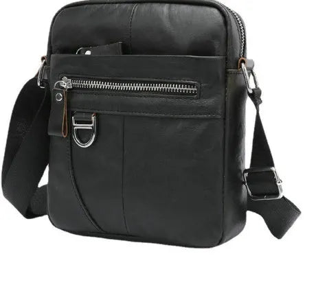Black retro genuine leather shoulder messenger bag for boys with sewing line detailing