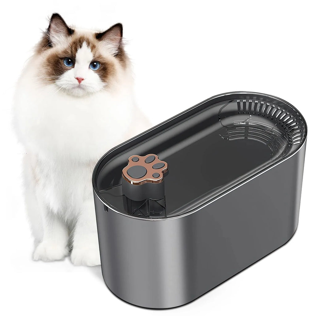 Berlin blue automatic pet water fountain with triple filter and LED light on a wooden floor.