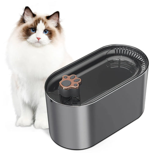 Berlin blue automatic pet water fountain with triple filter and LED light on a wooden floor.