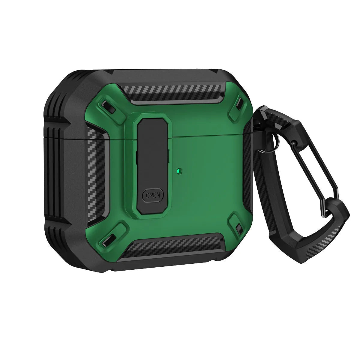 Protective clamshell case for AirPods with hook attachment in two-colour plastic design