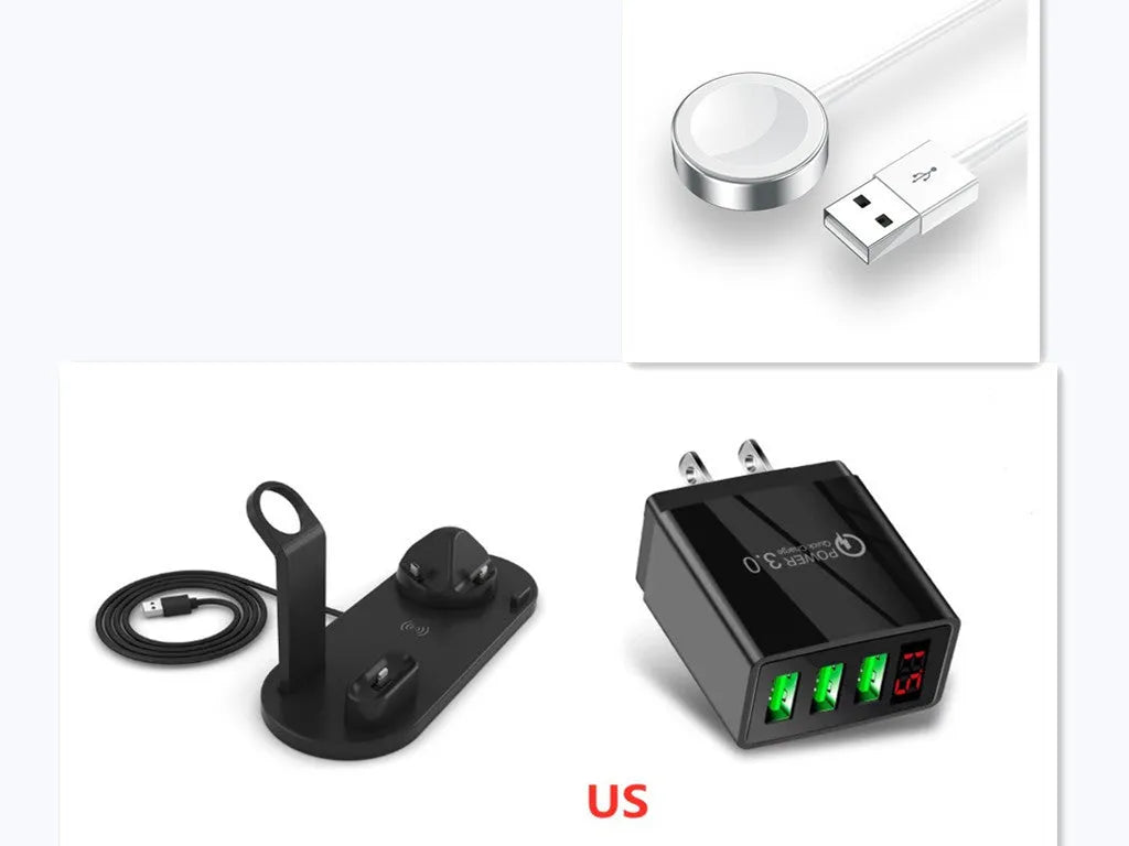 4 in 1 wireless charger stand for iPhone Samsung iWatch AirPods in black silicone material with 360 degree rotating dock