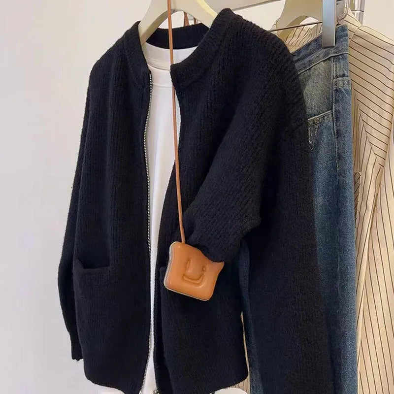 Beige viscose fibre sweater coat with long sleeves cardigan styling