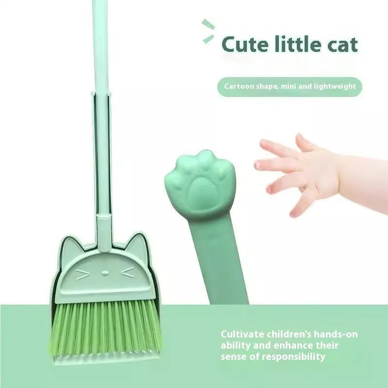 Purple, green, and beige plastic broom and dustpan set with a non-stick rotating brush holder.