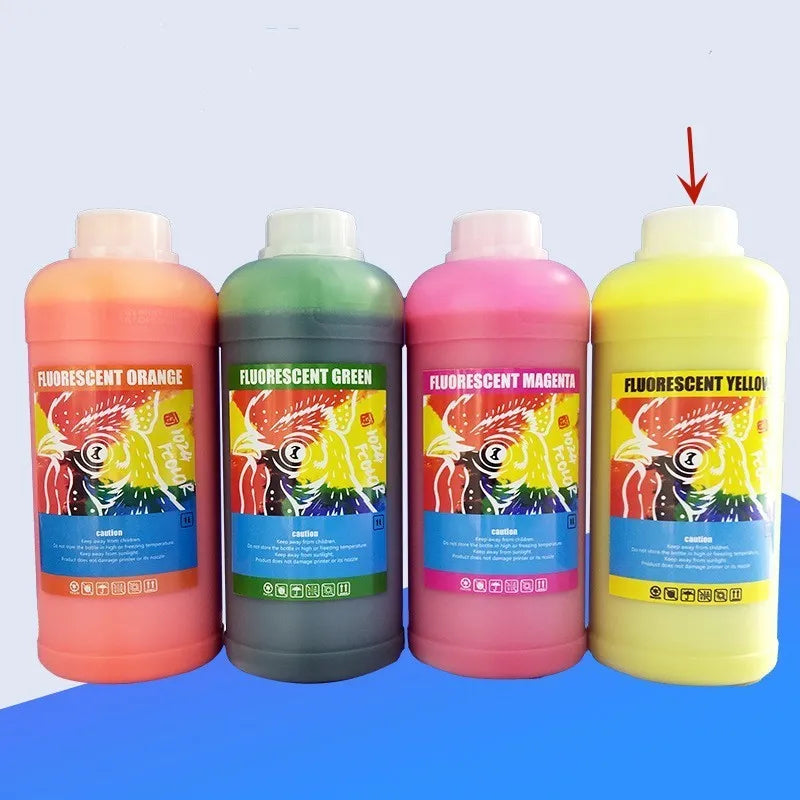 Cartridge of fluorescent orange sublimation ink for PET film printing, with 1000ml capacity shown.