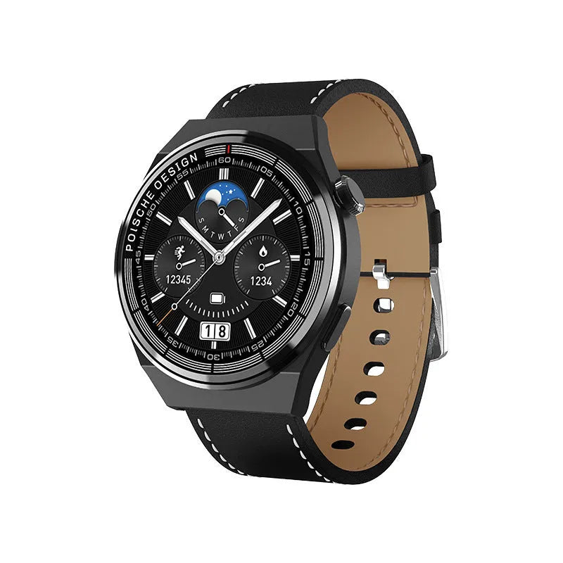 Circular black smartwatch with silicone strap on a wrist, showing a home screen with NFC, call, and health icons.