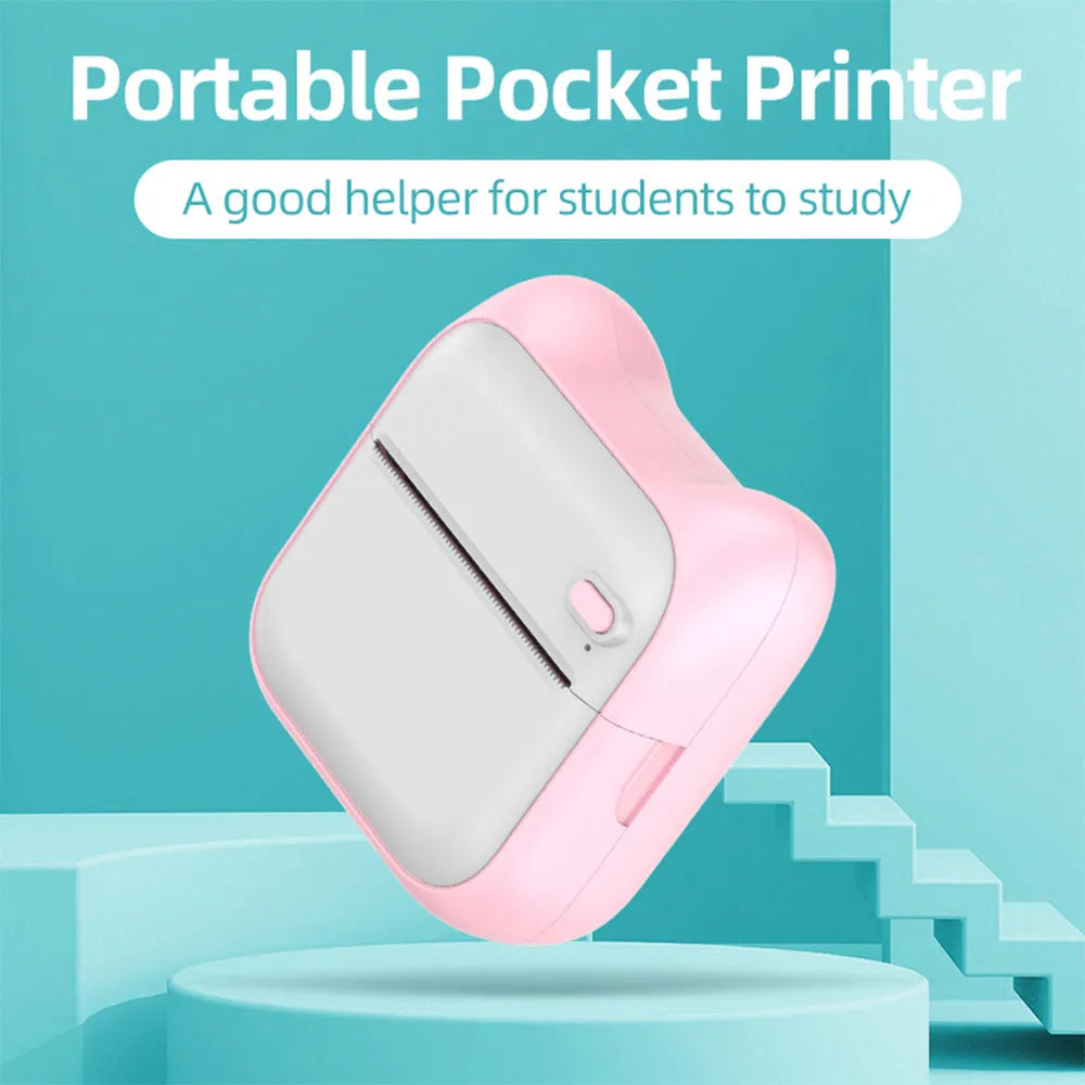 Pink mini pocket Bluetooth thermal printer measuring 90x45x82mm with USB charging cable