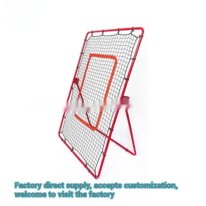 Red portable baseball training net with metal frame set up in a garden.