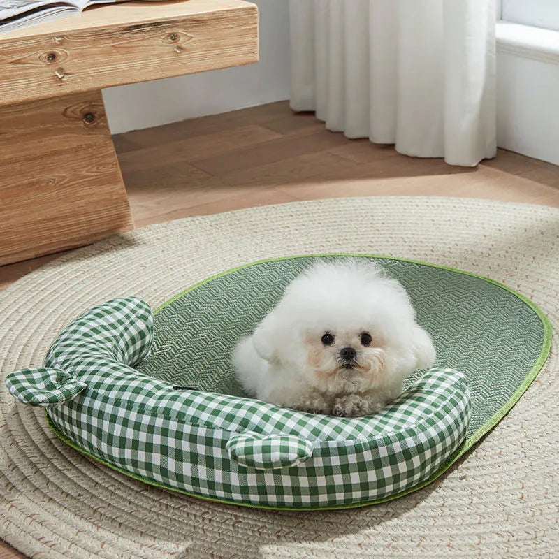 Green and yellow reversible dog cooling mat showing both sides, with size options S M L XL.