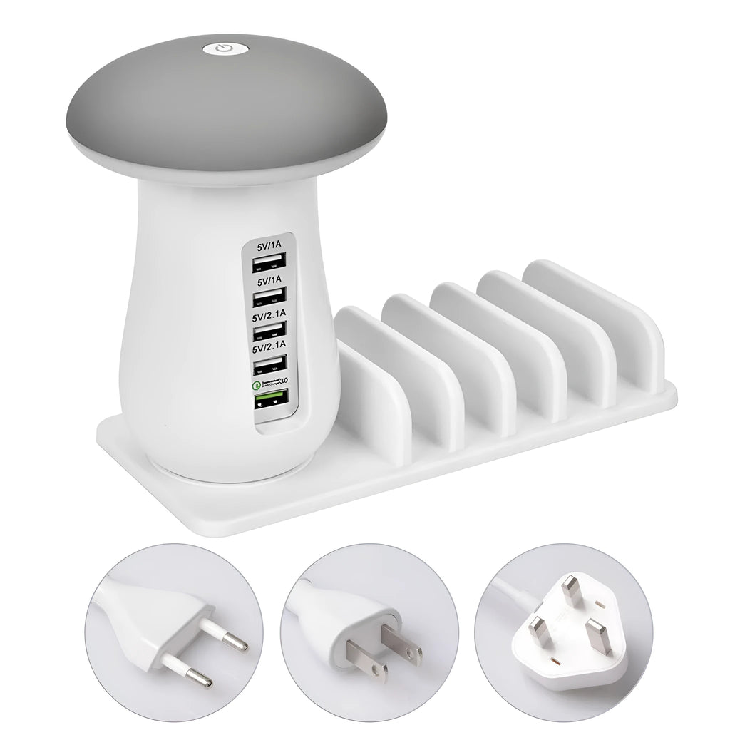 Mushroom-shaped USB charging dock station with five ports and integrated LED night lamp on desktop