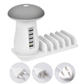 Mushroom-shaped USB charging dock station with five ports and integrated LED night lamp on desktop