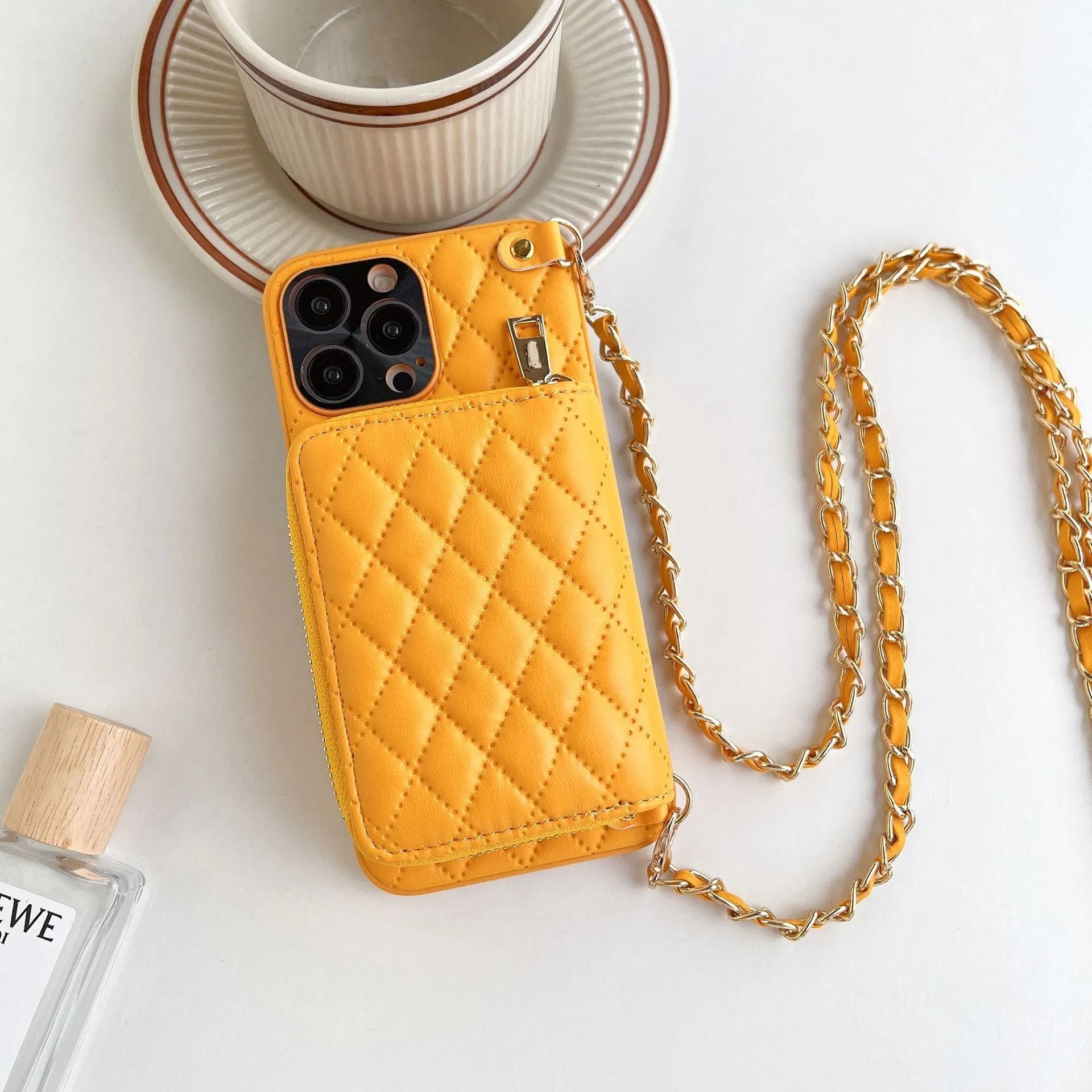 Lambskin phone case with rhombic pattern, card holder, and chain in white for Apple iPhone