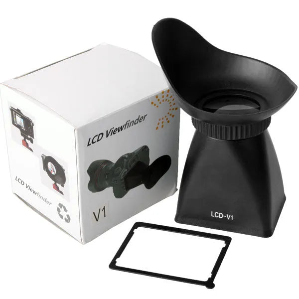 Black camera LCD viewfinder with 2.8x magnification and magnetic mount shown on a DSLR.