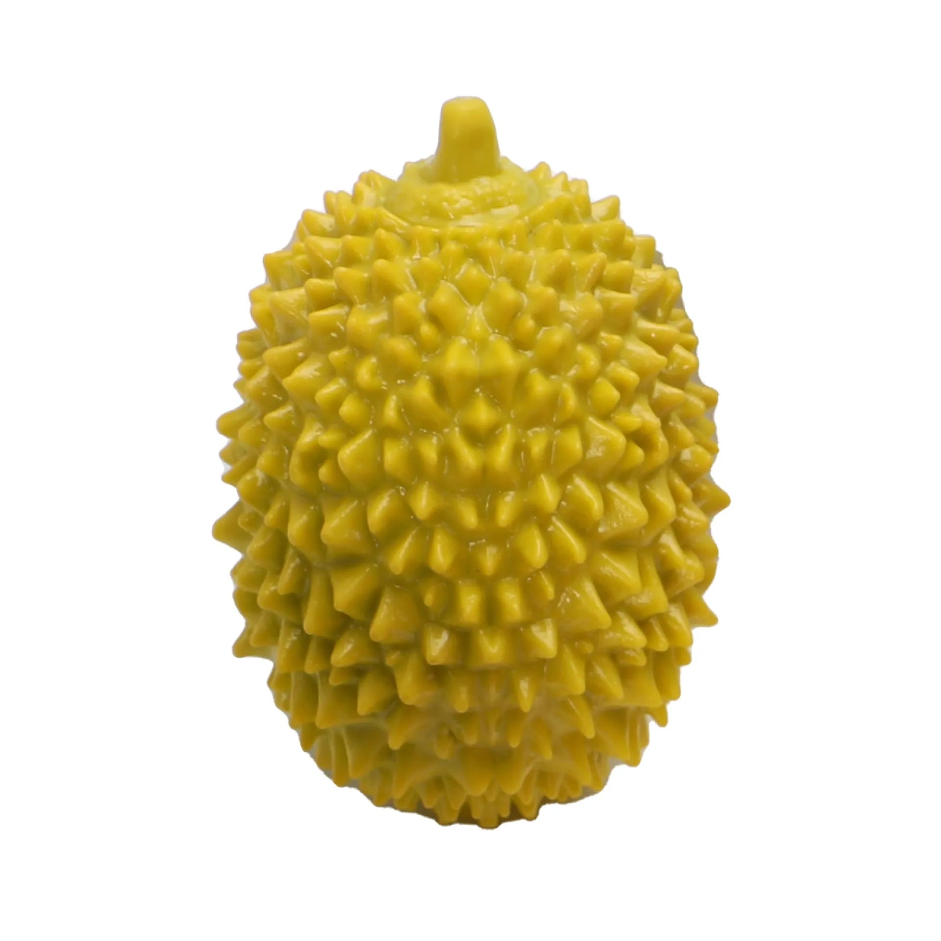 Durian-shaped dog chew toy in yellow with squeaker and tooth cleaning ridges