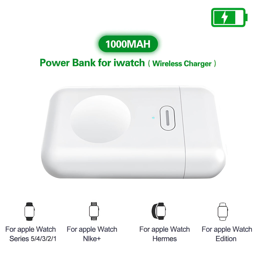 White mini magnetic portable charger for Apple Watch next to an Apple Watch on a table.