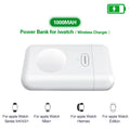 White mini magnetic portable charger for Apple Watch next to an Apple Watch on a table.