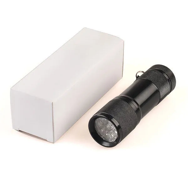 Black aluminium Smart Vein Locator device with red LED lights on, showing compact size.