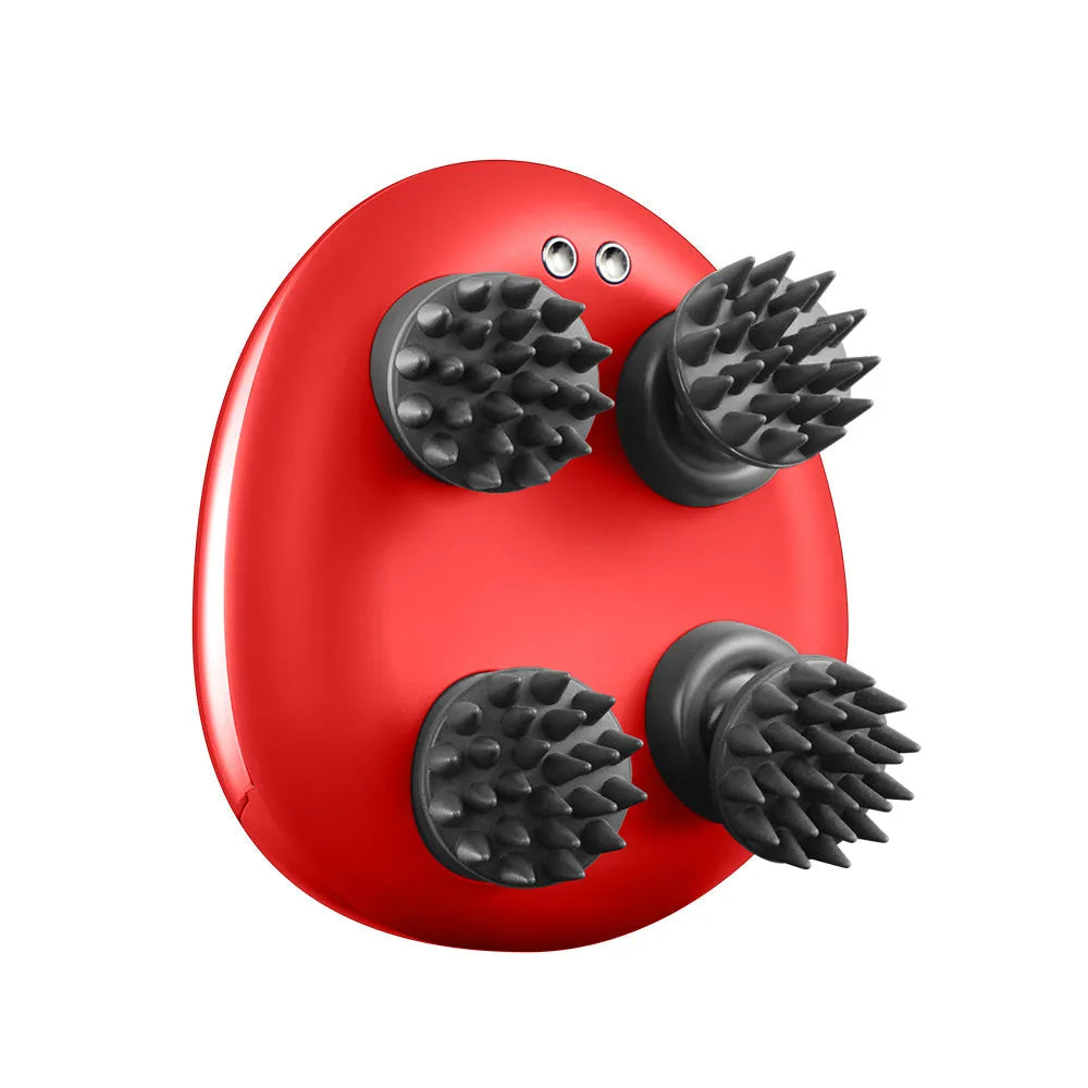 Red electric scalp massager with 2m power cord showing 110mm x 120mm x 82mm dimensions