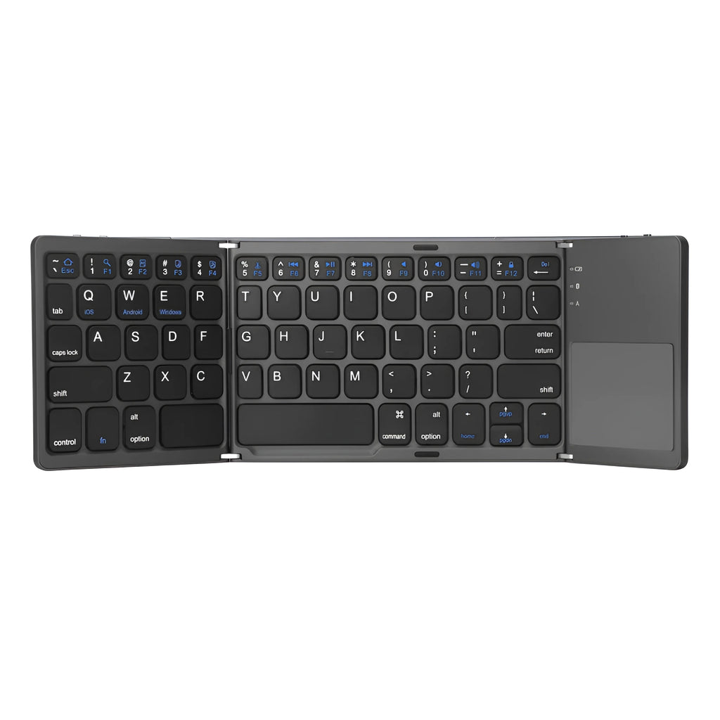 Tri-fold folding touch Bluetooth keyboard shown both open and closed with integrated touchpad