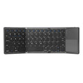 Tri-fold folding touch Bluetooth keyboard shown both open and closed with integrated touchpad