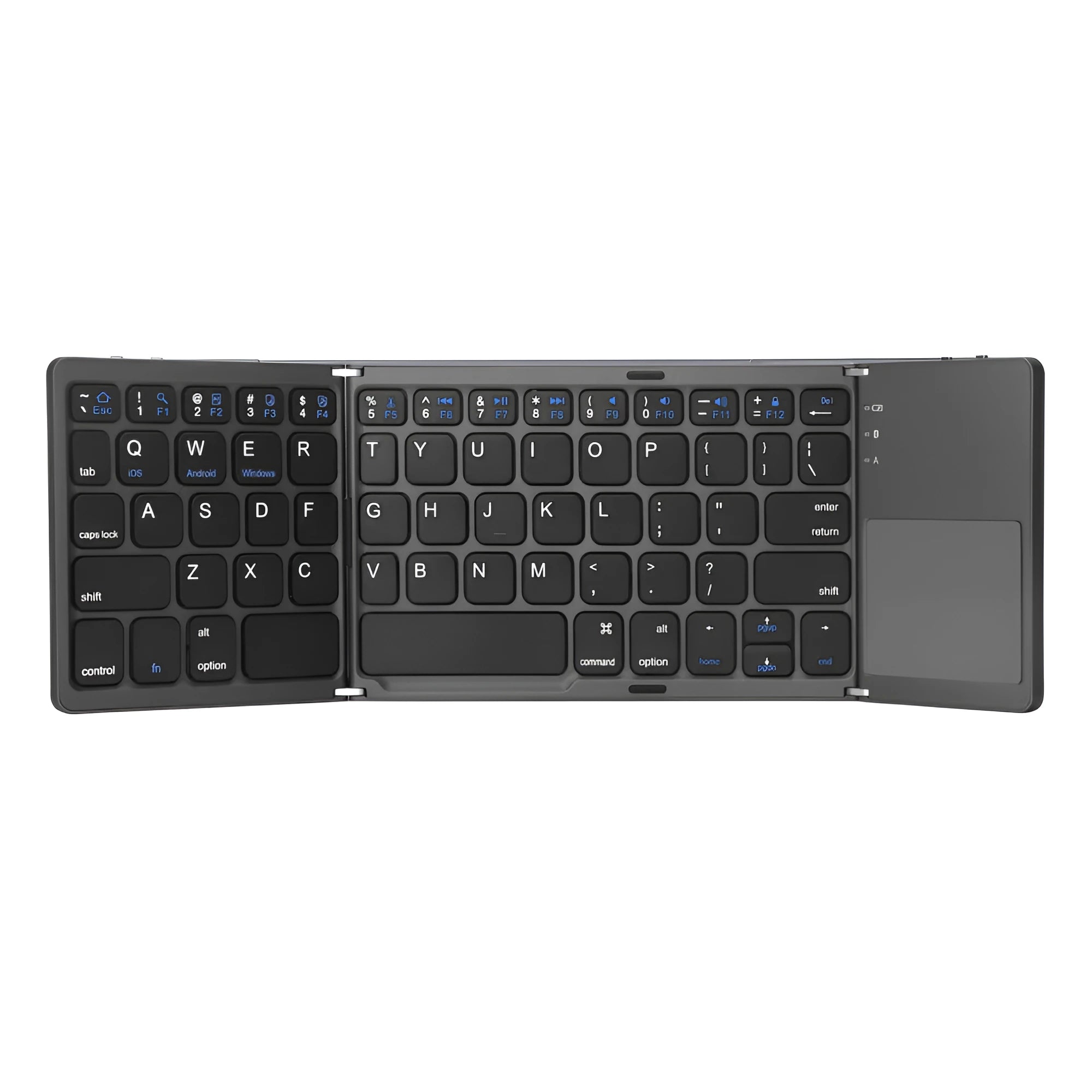 Tri-fold folding touch Bluetooth keyboard shown both open and closed with integrated touchpad
