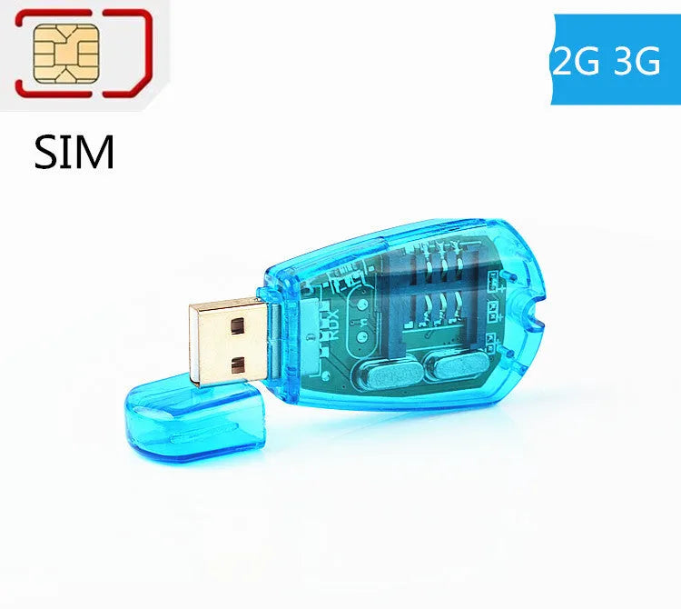 Blue USB 2.0 SIM card reader for mobile phone data backup and management.