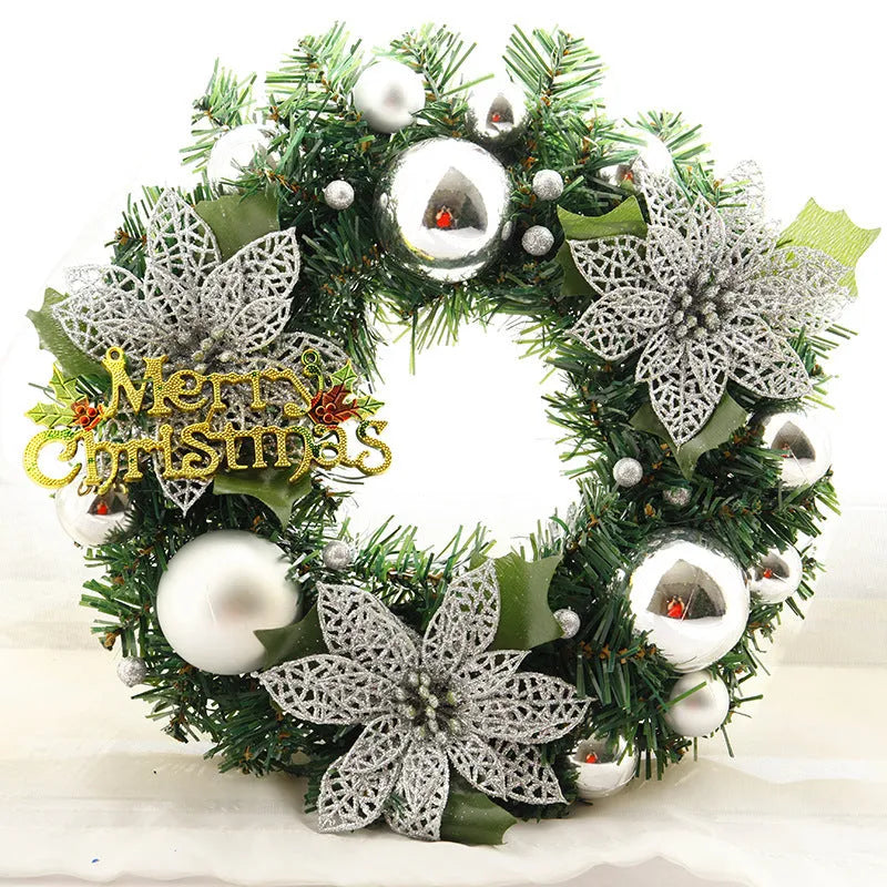 30cm diameter multicolour plastic Christmas wreath decoration showing blue, gold, pink, purple, red, and silver colour options