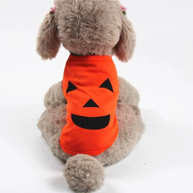 Orange Halloween pet pumpkin costume shirt for cats and small dogs with Grimace style pattern