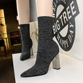 Short tube women's boots with pointed toe, thick heel, and woolen vamp in black, sizes 34-43