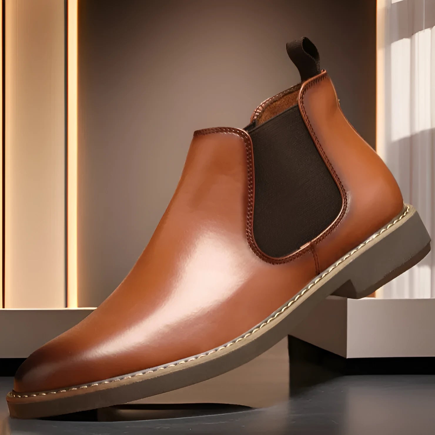 Men's plus size British style leather boots with square heel, solid colour, and rubber sole in black finish