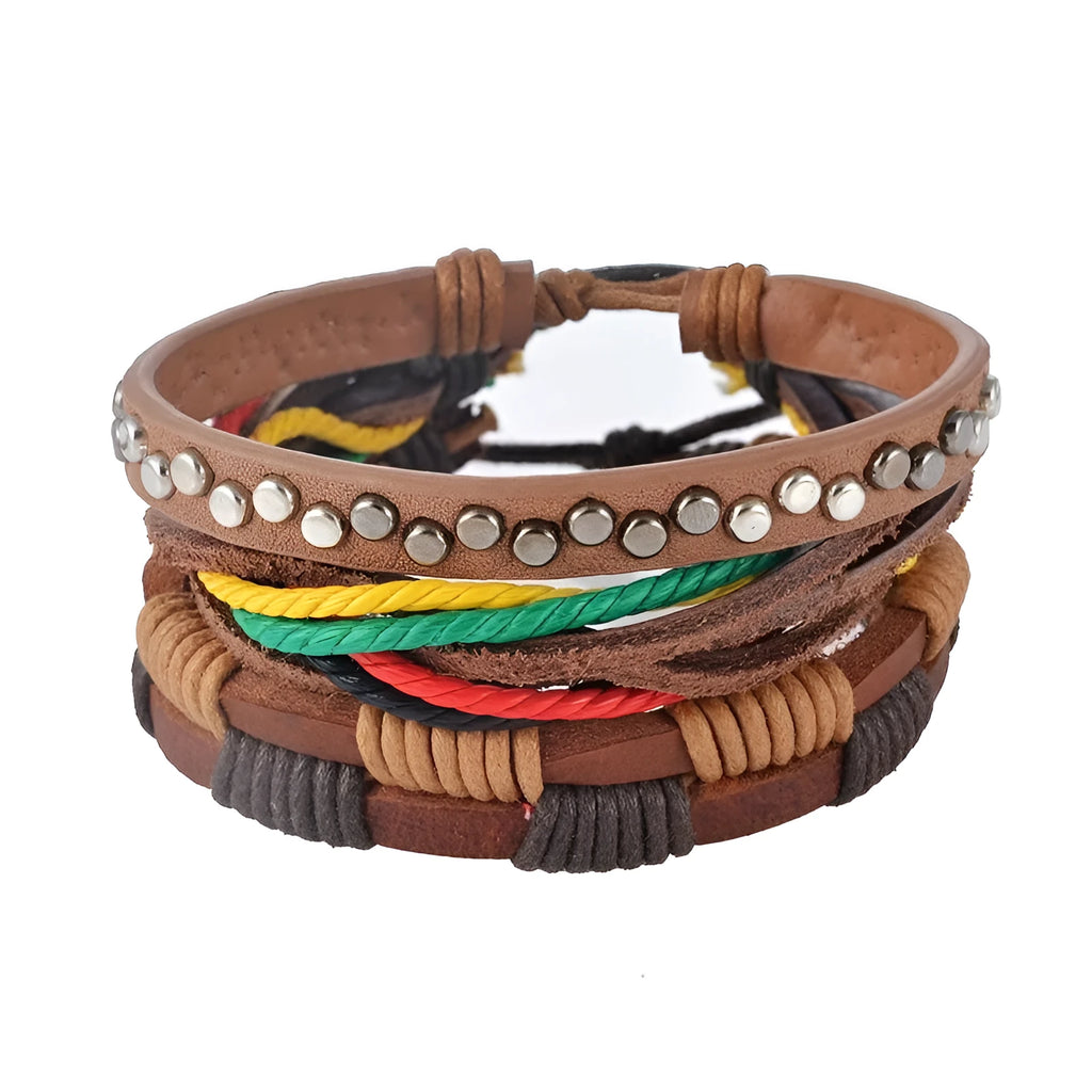 Handmade adjustable leather wrap bracelet with wooden beads on a wrist.