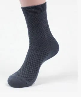 Men's bamboo fibre socks in a small square pattern, shown in navy blue colour.