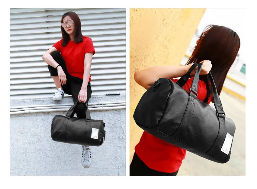 Black waterproof sports fitness bag with separate shoe compartments and diagonal carrying straps