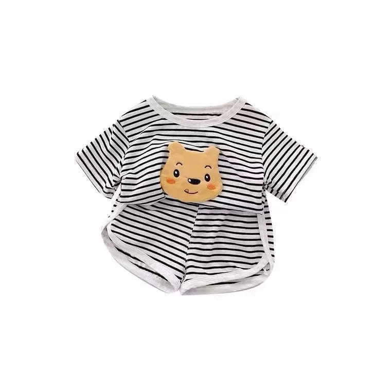 Summer loose children pajamas set in black stripes with Ice Silk fabric and cartoon pattern
