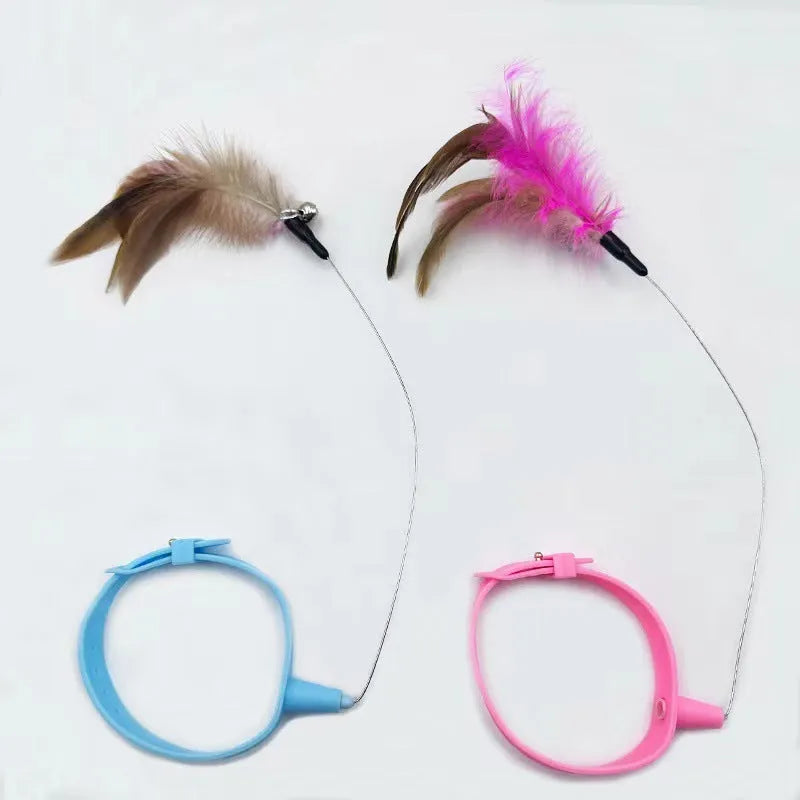 Adjustable cat collar toy with silicone teasing wand and feather attachment, showing blue and pink colour options