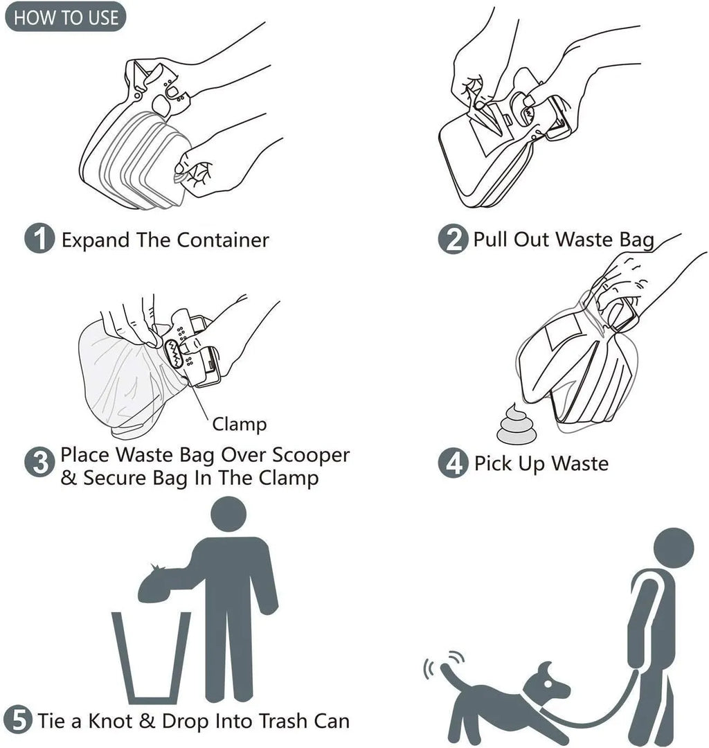 Blue expandable pooper scooper with clip attachment for dog waste cleanup