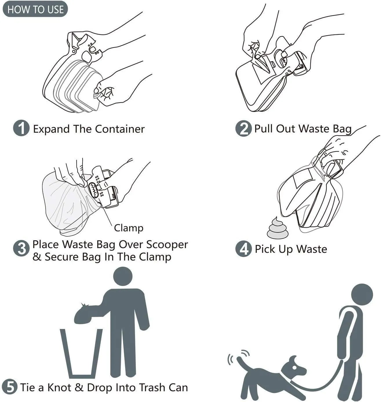 Blue expandable pooper scooper with clip attachment for dog waste cleanup