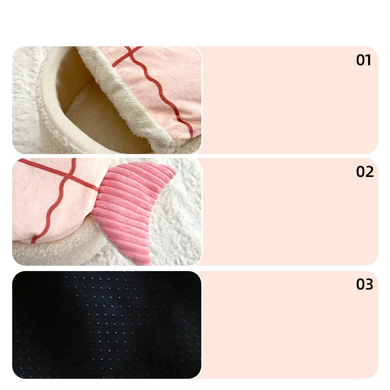 Sushi-shaped warm pet nest mattress with removable plush cover for cats and dogs