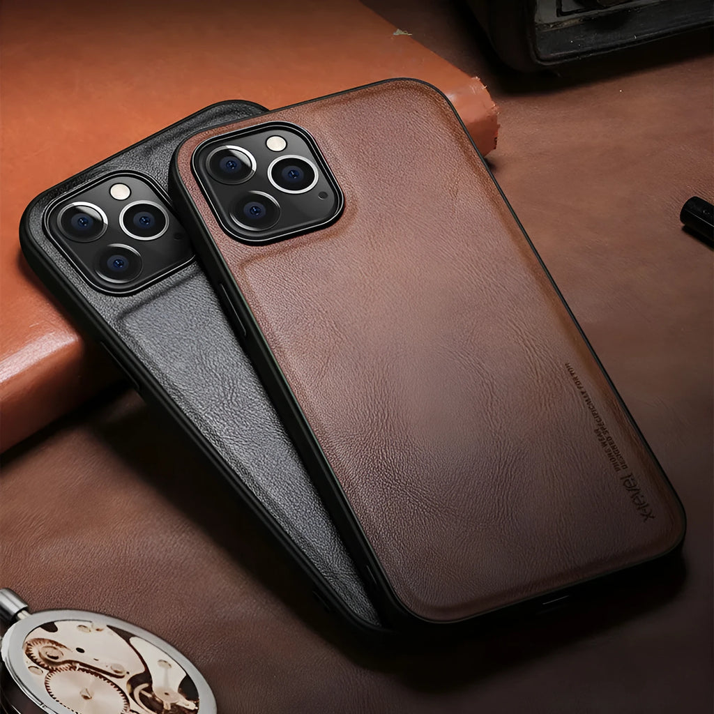 Black PU leather iPhone 12 phone case with soft TPU sides on a wooden table.