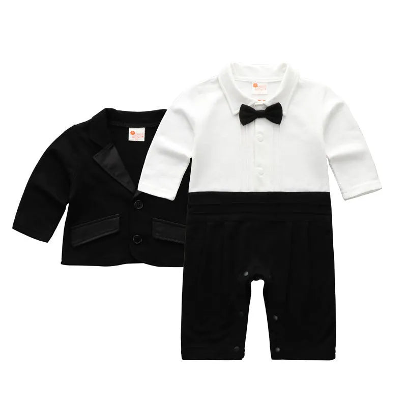 Baby boy black cotton long sleeve gentleman formal suit on white background