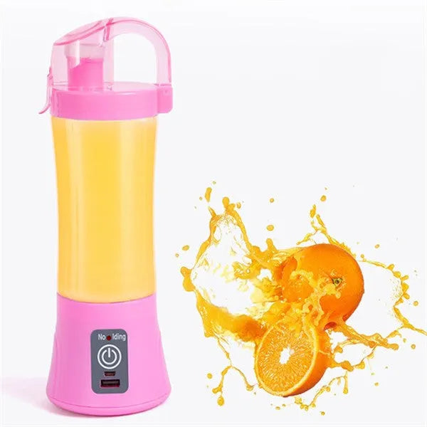 Blue handheld electric fruit juicer with USB charging port and 400ml capacity measurement